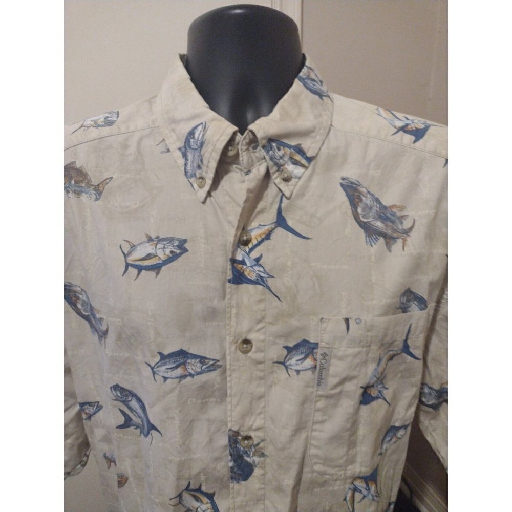 Columbia Sportswear Company Short Sleeve Fish Print Button Shirt Mens Large L - Picture 2 of 13
